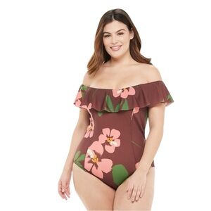 EVRI NWT Floral Off-Shoulder Swimsuit - Brown and Pink Size 2X — NEW WIT…